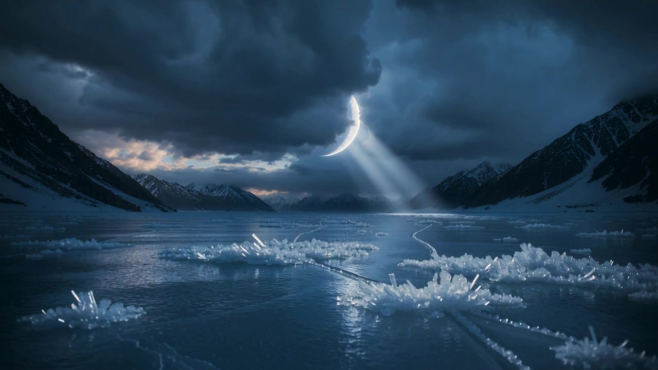 Opening cloud gap revealing crescent moon casting moon beam across frozen lake, lighting ice spikes