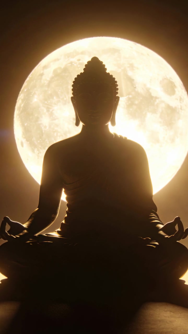 Video verticale: Luce cangiante, telecamera in movimento che delinea una statua di Buddha in un santuario, disco lunare che crea calma