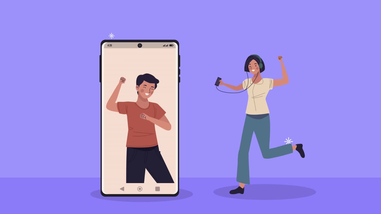 스마트폰으로 춤을 추는 젊은 커플