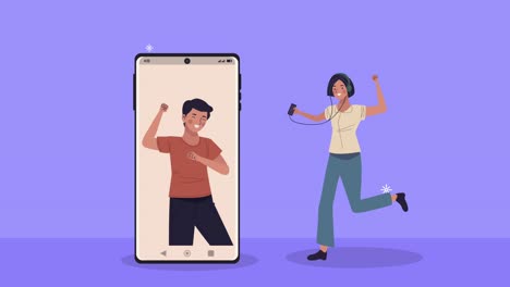 una pareja joven bailando con un teléfono inteligente.