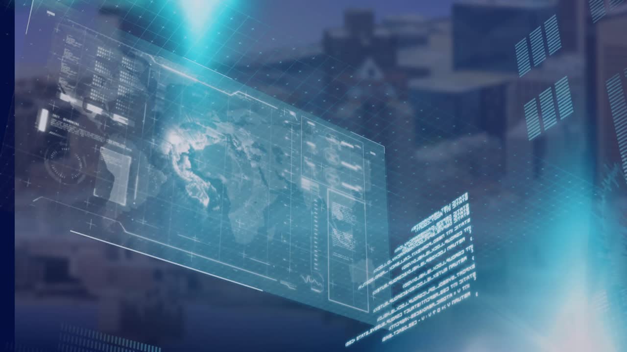 Animation of data processing and globe over cityscape