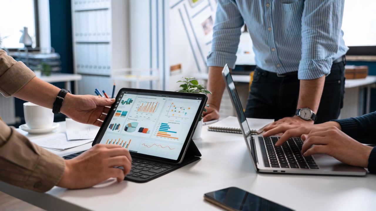 Collega in camicia che indica a sinistra, che inizia la revisione dei dati in riunione, toccando il tablet e digitando sul laptop.