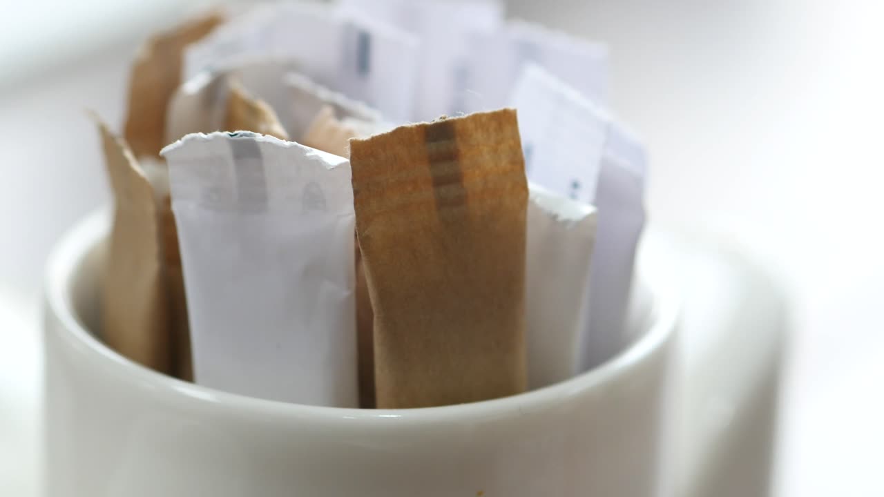 A close-up of a white mug filled with various sugar and sweetener packets
