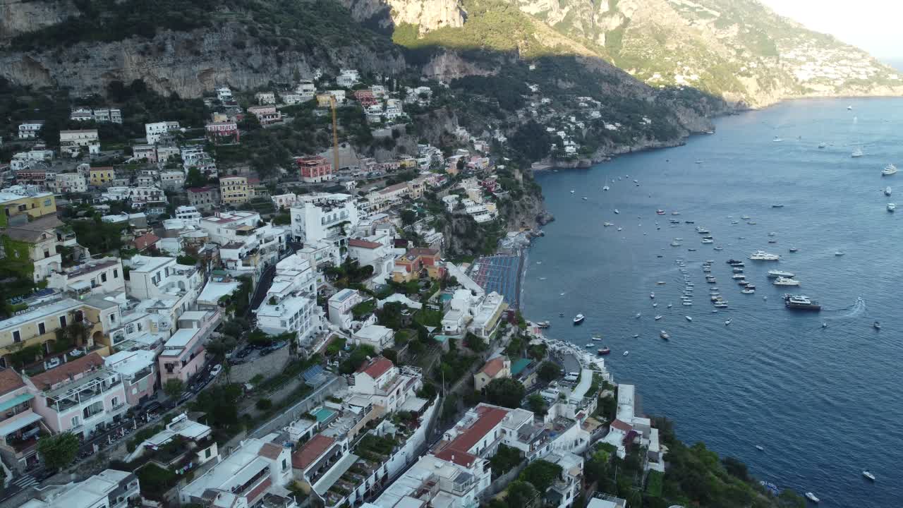 Flying over Positano, view from the sky filmed by drone