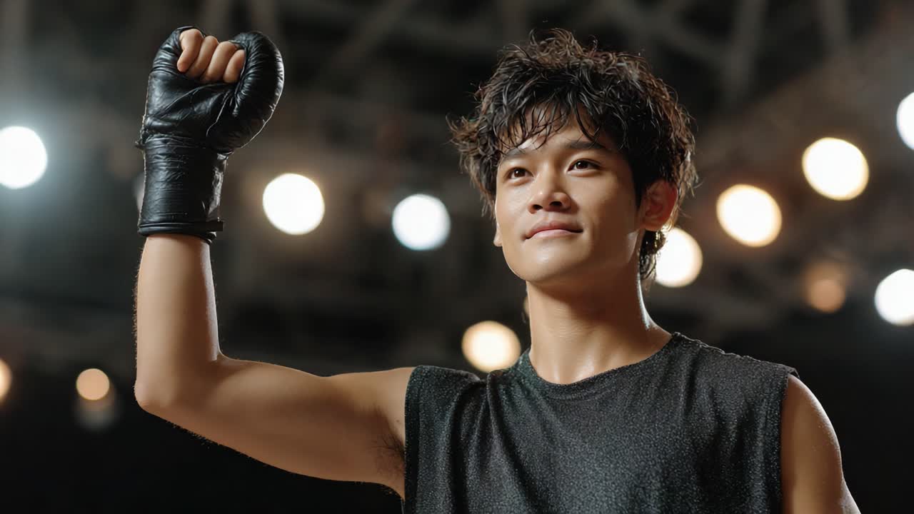 Triumphant Boxer Celebrates Victory in Ring with Raised Fist, Exuding Determination and Confidence in a Dramatic Moment of Glory and Achievement