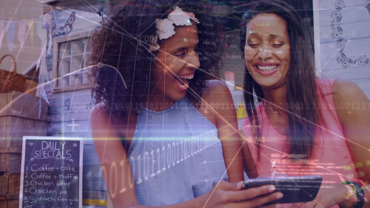 Animation of trading board and computer language over friends talking and using cellphone