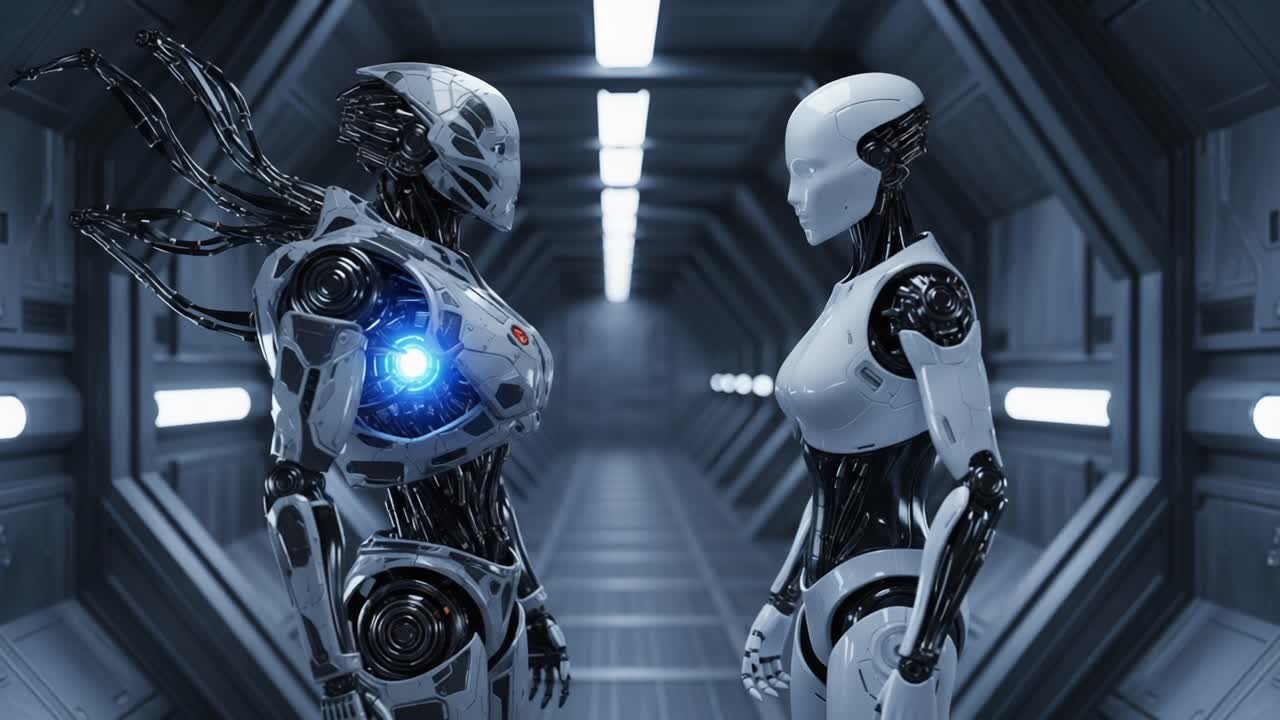 A Deep Encounter Between Advanced Robots in a Futuristic Corridor: Exploring the Interaction of Human-like Machines with Complex Designs and Technologies