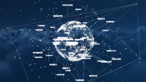 animation of text around globe and connected dots over dense clouds in background