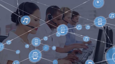 Animation-of-network-of-connection-with-icons-over-business-people-wearing-phone-headsets