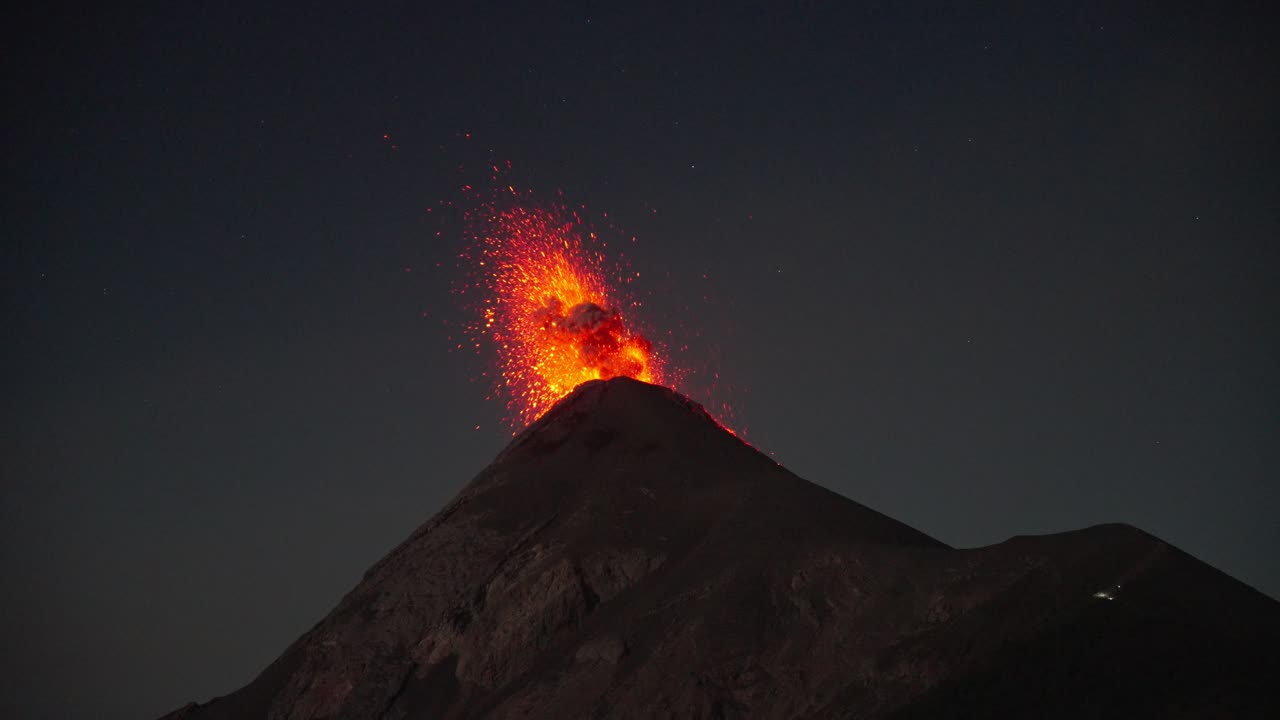 Stunning night eruption: Fuego Volcano spews lava into the sky, ash plume rises with stars in sky filmed from Acatenango camp