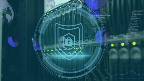 animation of padlock and shield icon on security scanner interface and data processing over server