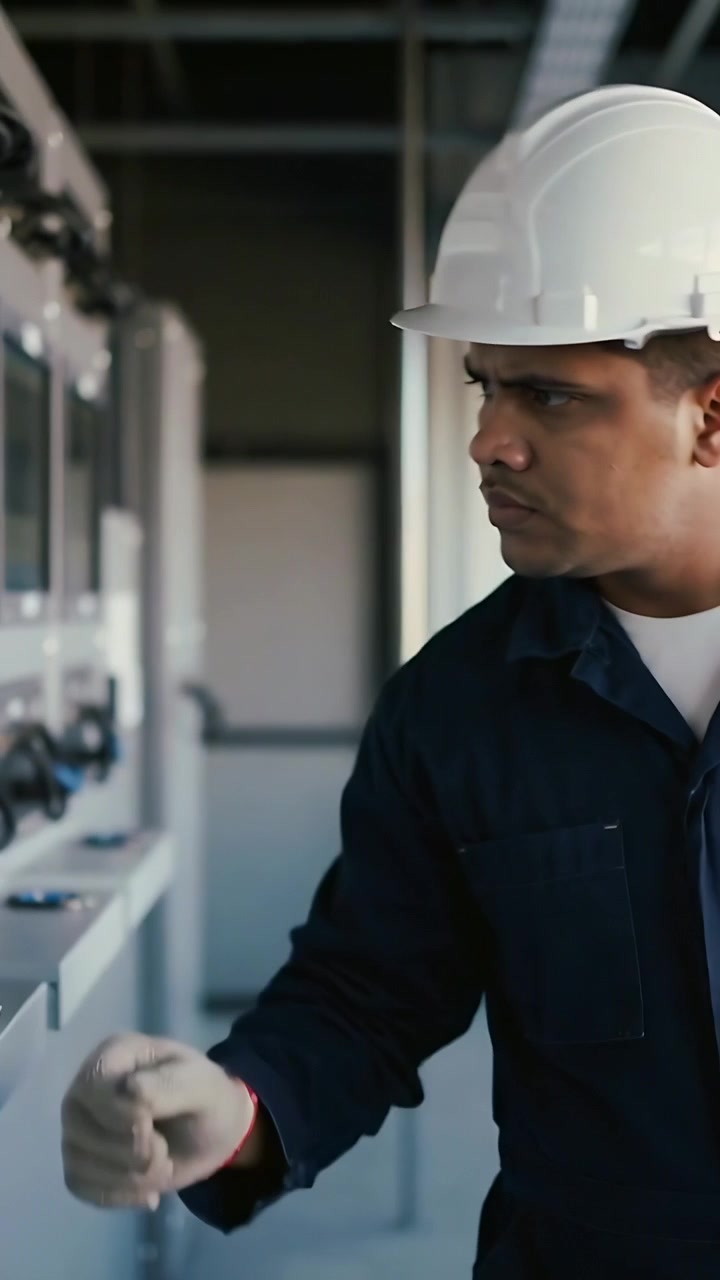 Vertical video: Walking tech in hard hat and gloves adjusting panel and checking meters at plant