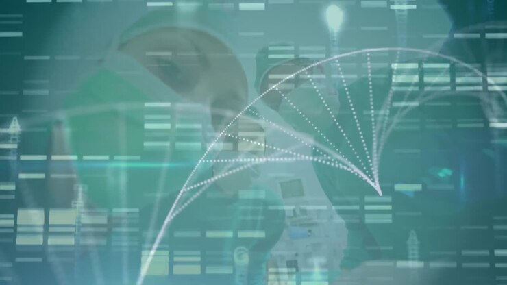 Animation of dna structure spinning and mosaic squares against team of surgeons at hospital