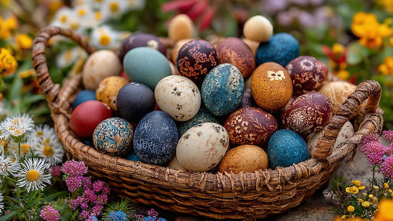 A colorful basket filled with intricately designed eggs set amidst a vibrant display of spring flowers, symbolizing renewal and seasonal celebrations through artful decoration