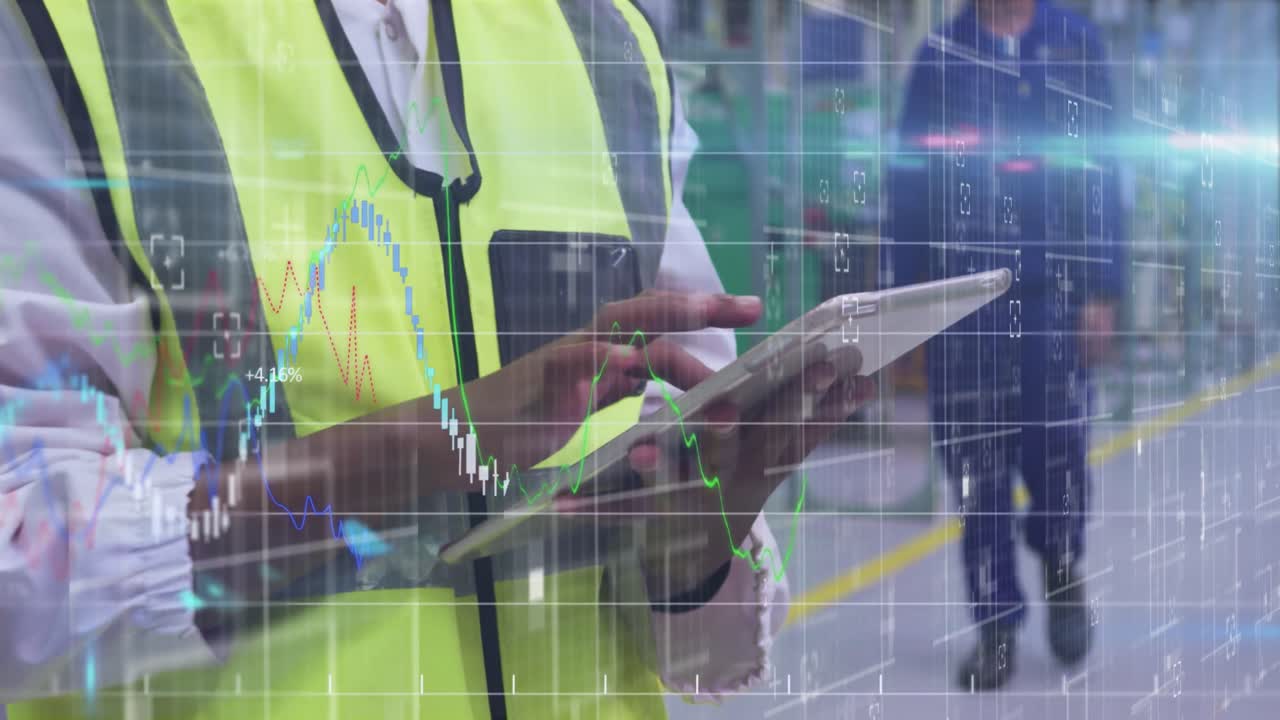 animación del procesamiento de datos financieros sobre el trabajador del almacén