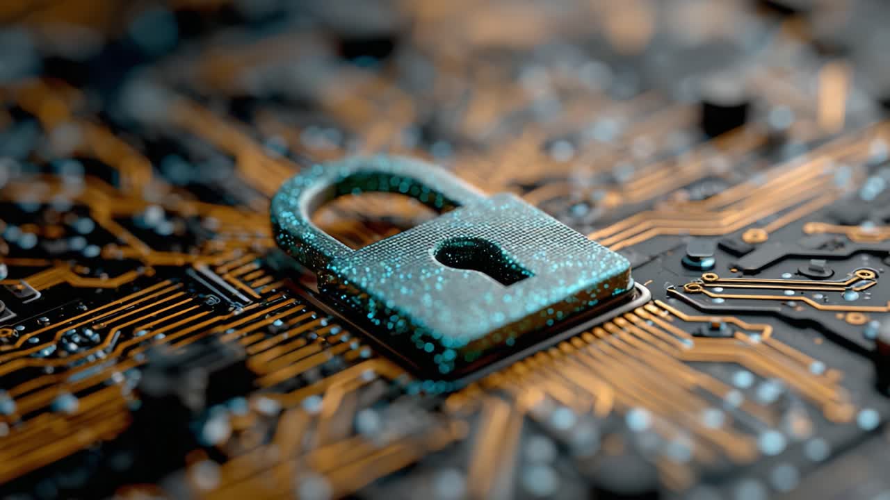 Intricate Focus on a Digital Padlock Surrounded by Circuitry, Symbolizing Cybersecurity and Protection in a Technological Environment