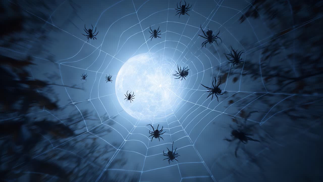 A Haunting Scene of a Spooky Night with Multiple Spiders Constructing Their Web Beneath a Full Moon, Creating an Eerie Atmosphere of Mystery and Intrigue
