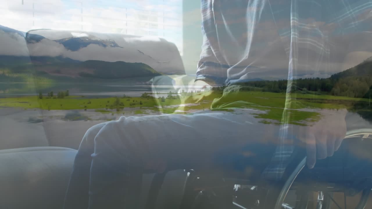 Animation einer Landschaftseinblendung über einem Mann im Rollstuhl, der Tee trinkt
