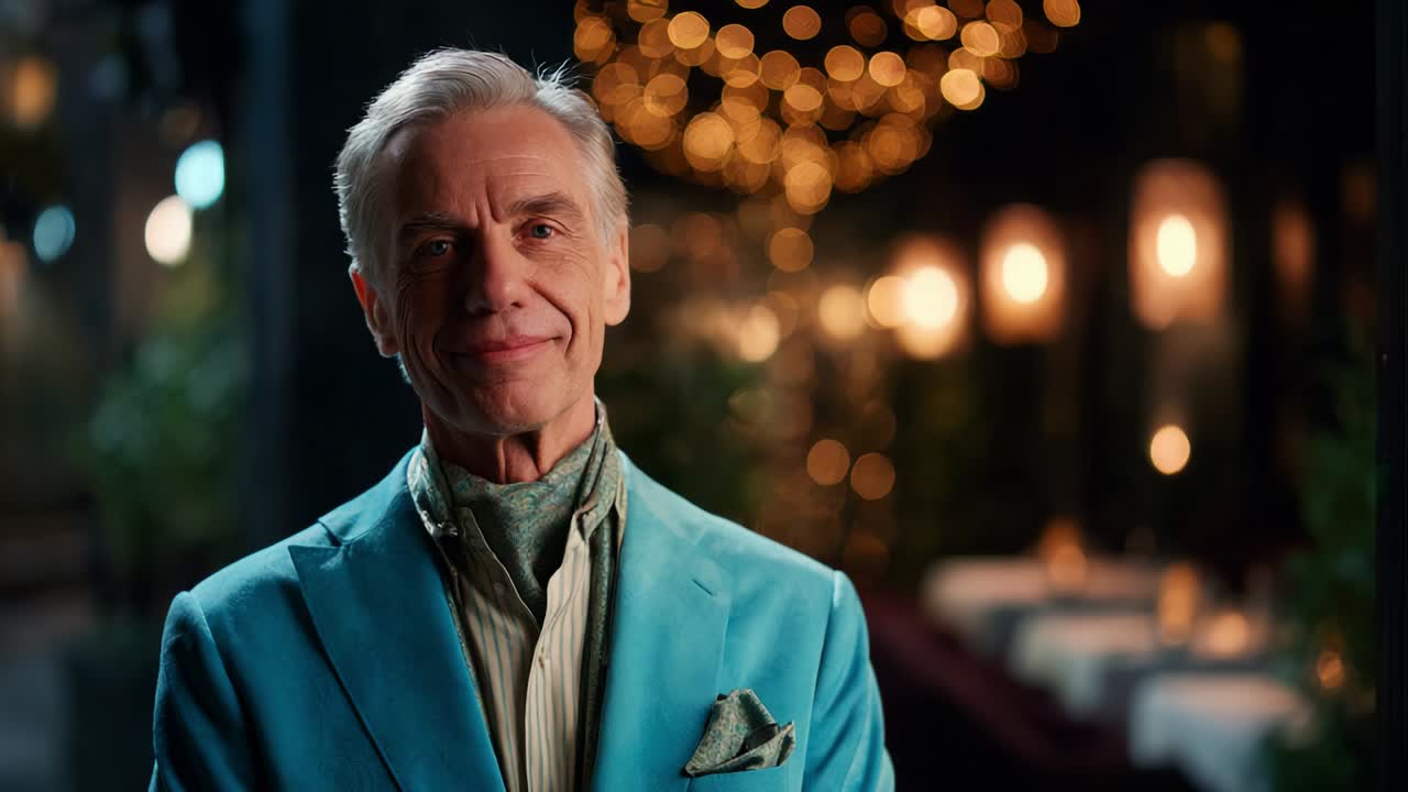 A sophisticated gentleman poses confidently in a beautifully lit setting filled with warm bokeh lights, showcasing a stylish blue blazer and a serene expression that captures a moment of elegance and charm