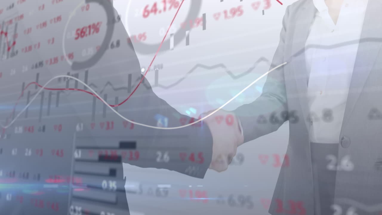 금융 데이터 처리의 애니메이션 사업가들이 손을 흔들고 있습니다.