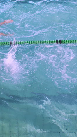 video vertical de nadadores en forma compitiendo en la piscina en el centro de ocio