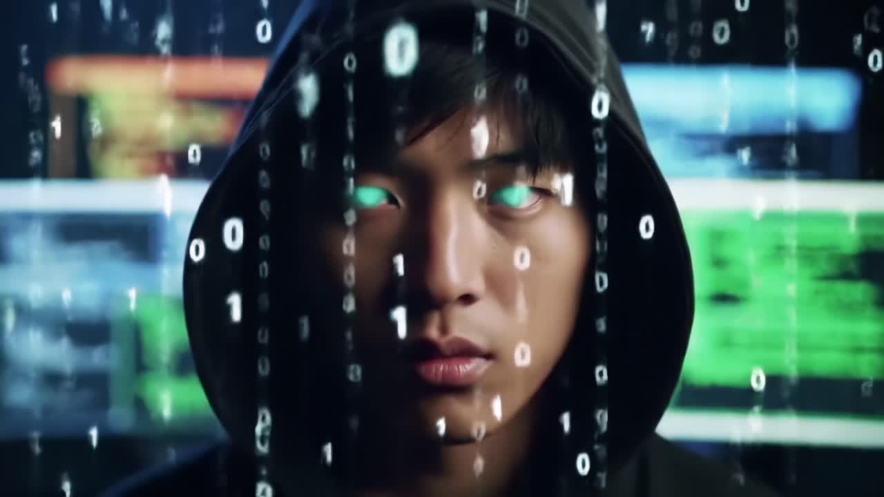 A Mysterious Figure with Glowing Eyes Surrounded by Code: Exploring Themes of Technology, Cybersecurity, and Digital Intrigue in a Two-Frame Narrative