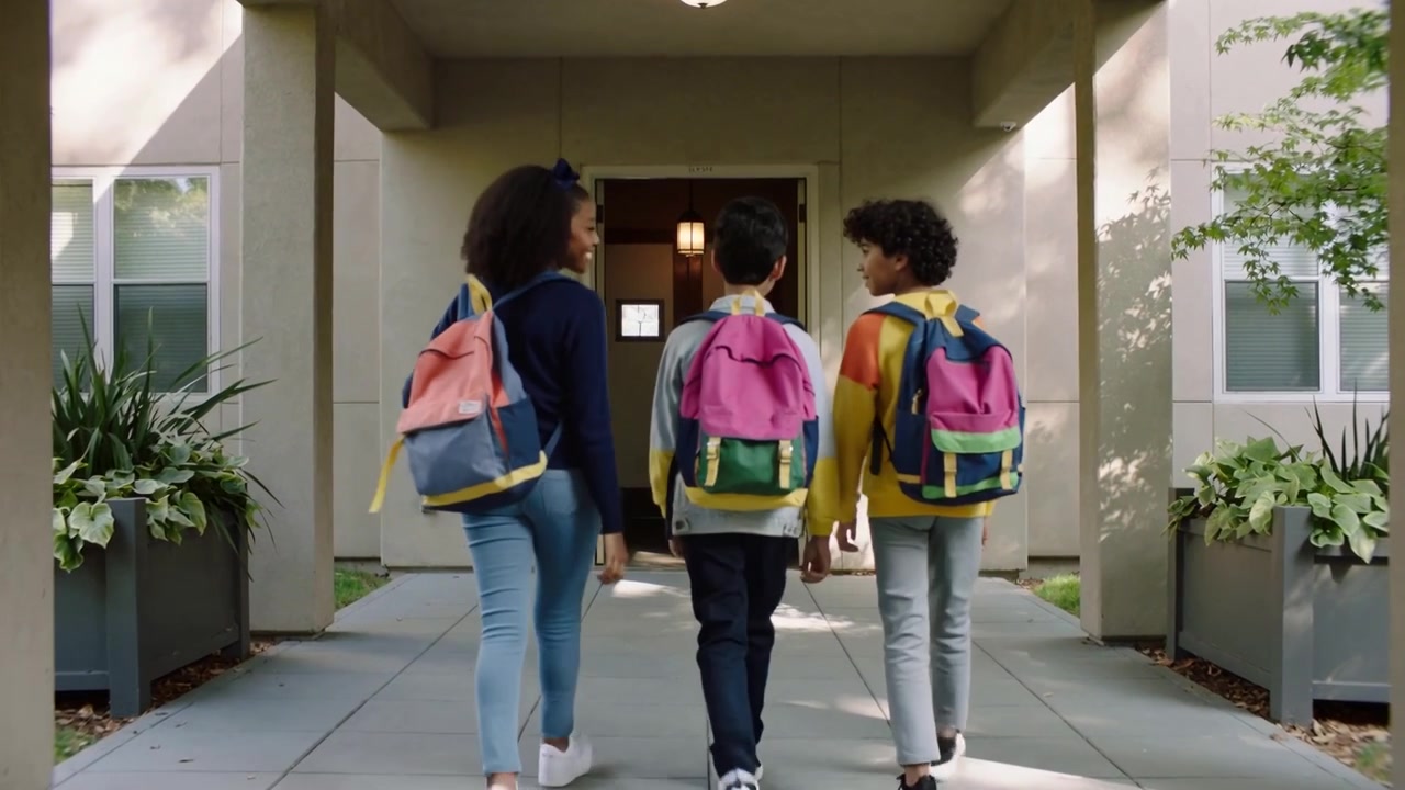 Walking three students wearing navy, yellow tops, heading into building for school with backpacks