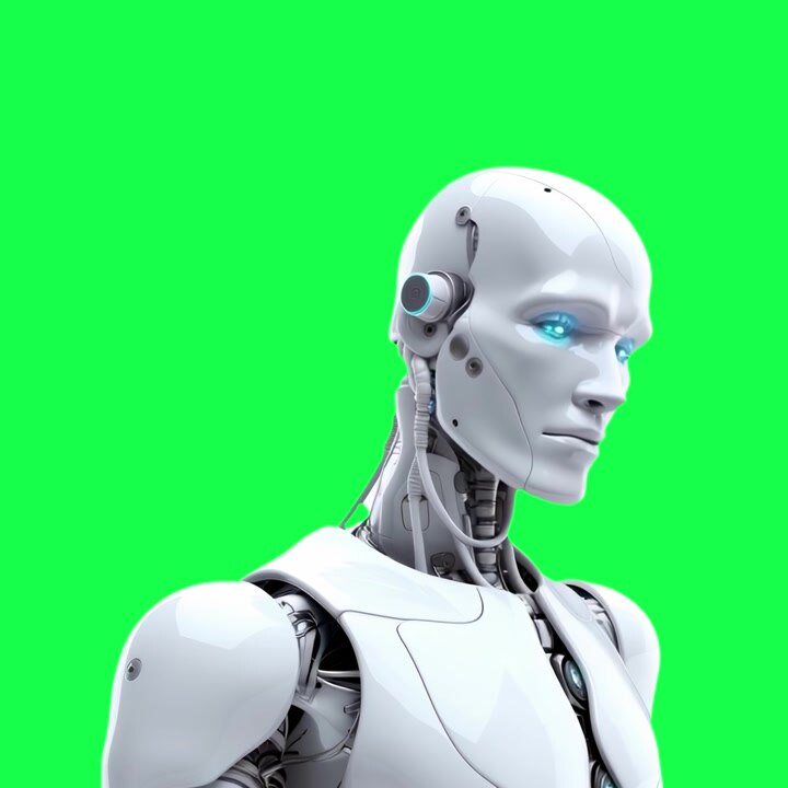Testa di robot umanoide che si trasforma da meccanica a umana su green screen