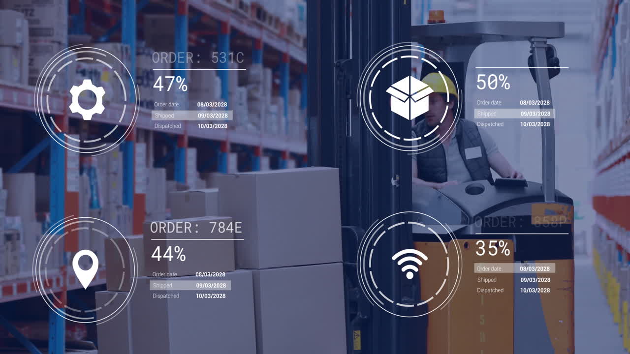 animación de iconos y procesamiento de datos sobre el hombre caucásico que trabaja en el almacén