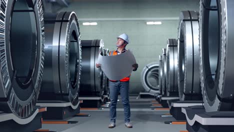 engineer reviewing plans in a manufacturing facility