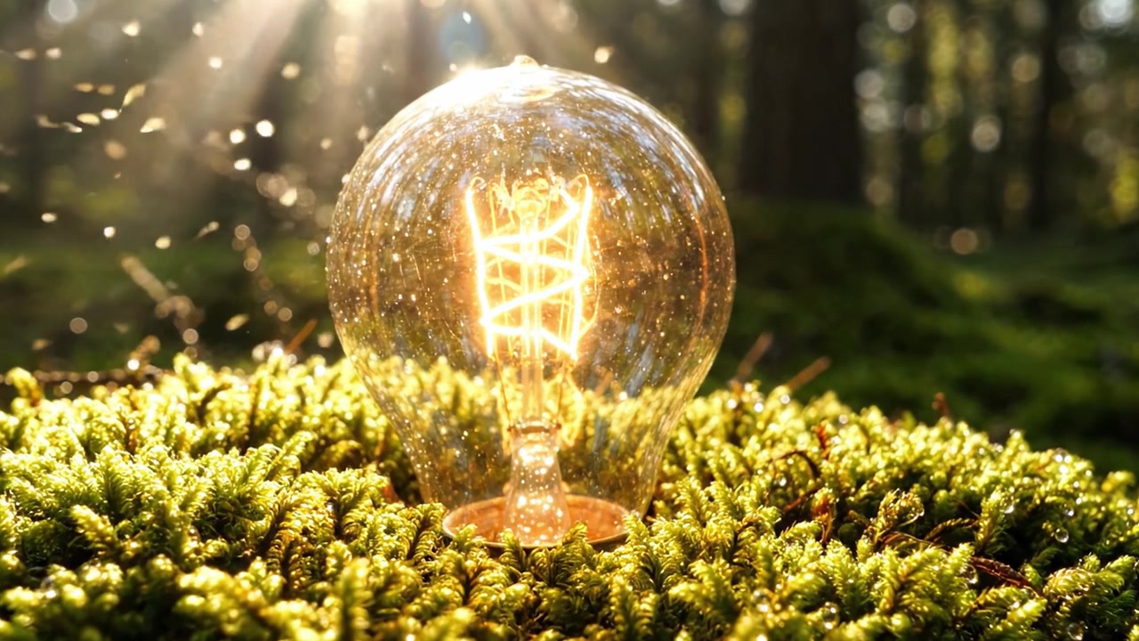 A Magical Transformation of Light: Captivating Glow of a Vintage Light Bulb Nestled Amidst the Lush Green Moss Under a Glorious Sunlit Canopy