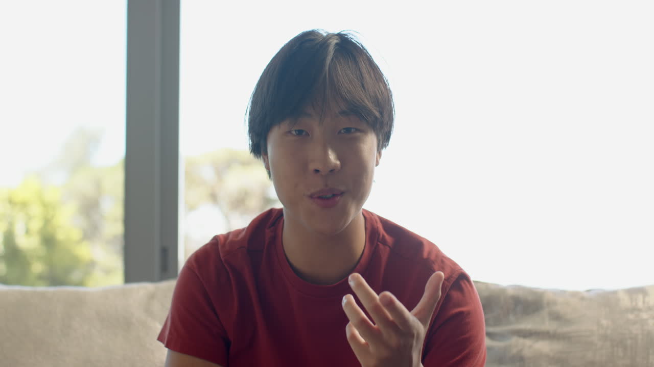 십대 아시아 소년 은 가정 에서 비디오 통화 를 통해 활기차게 이야기 한다