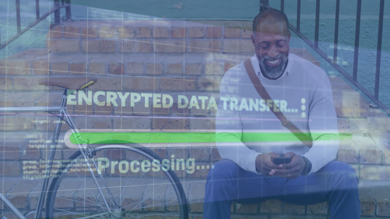 Smiling man using smartphone with encrypted data transfer animation over bicycle