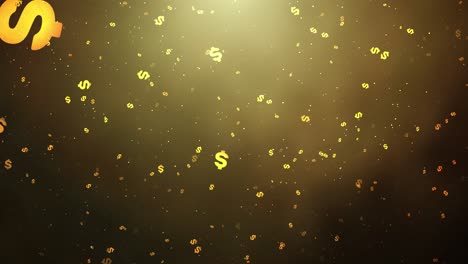 golden dollar symbols floating and falling against a dark background, illuminated by a warm golden glow - wealth, prosperity, and financial success
