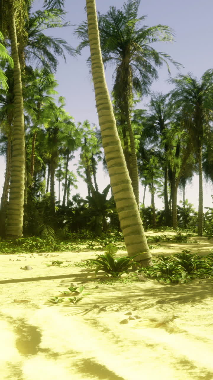 Lush tropical landscape with palm trees and sandy beach at sunny midday