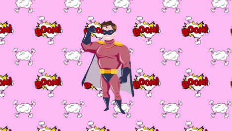 animation of illustration of boom text and explosions with happy male superhero, on pink background