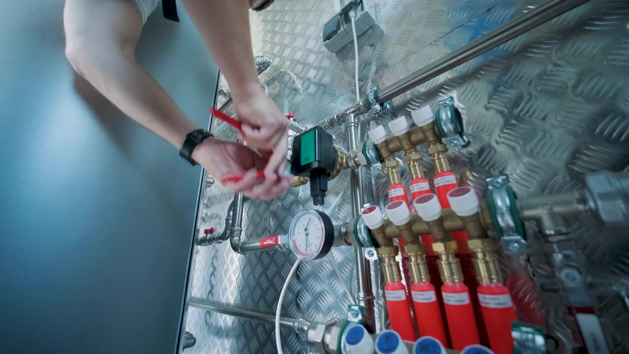 Tecnico regola valvola su sistema di riscaldamento industriale
