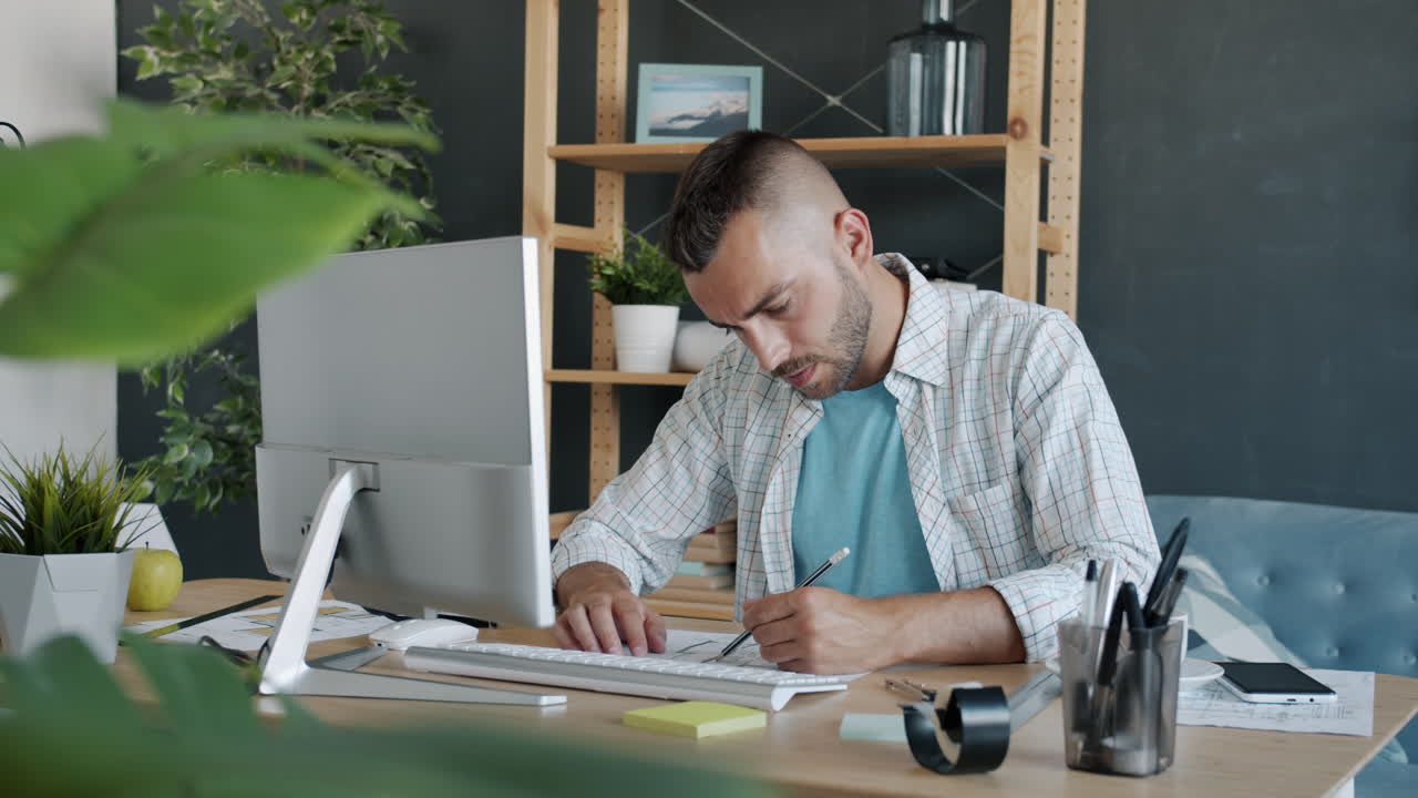 Uomo che lavora a un progetto di design nel suo ufficio domestico