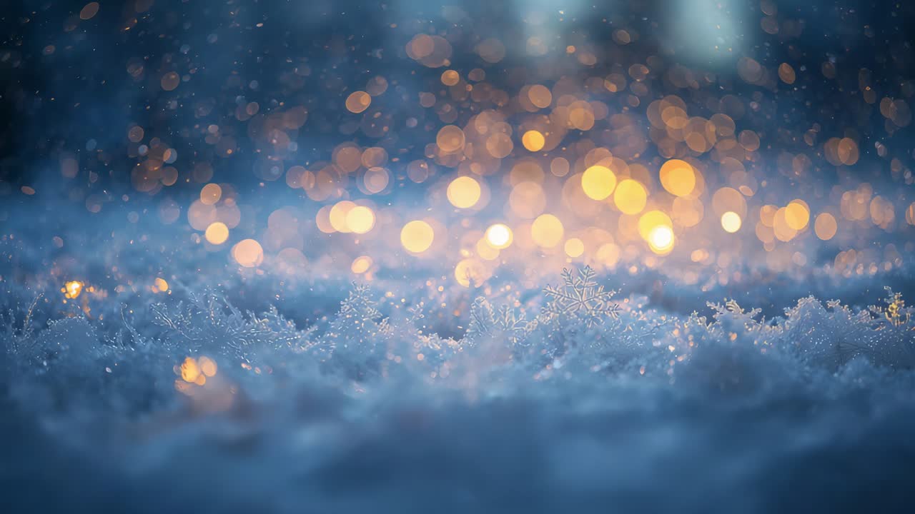 Kimalteleva, kristallinkirkas lumilaikku kimmeltää hämärtyvällä maanpinnalla, lämpimien bokeh-valojen kera