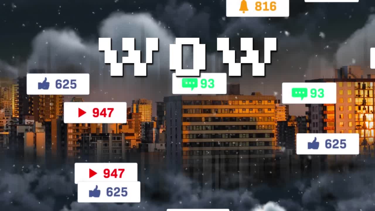 도시 풍경 위에서 성장하는 와우 텍스트와 숫자의 애니메이션