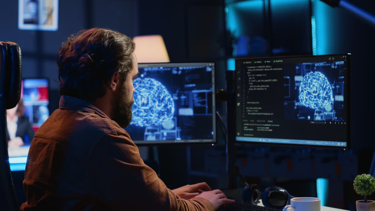 Freelancing IT specialist writing AI code, training machine learning