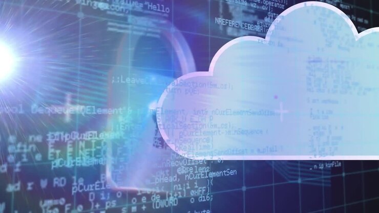 Animation af databehandling over online sikkerhedshængelås og digital sky