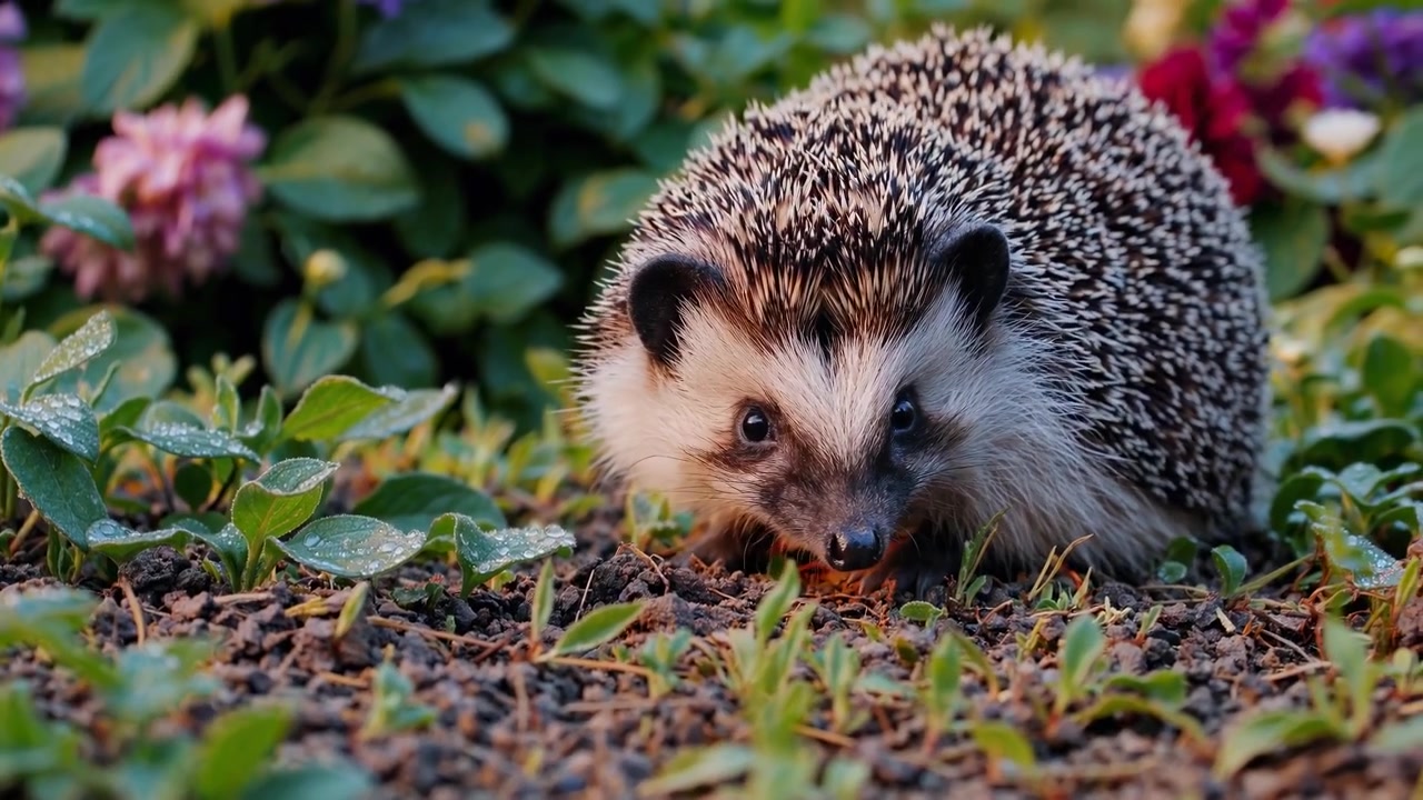 Kleiner Igel auf Nahrungssuche in einem bunten Blumengarten