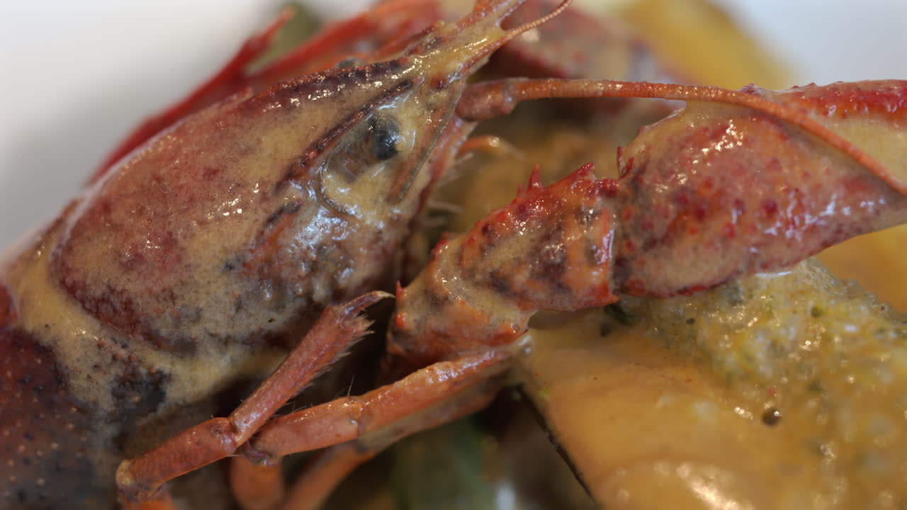 Close up of whole cooked crayfish with a mussel shell filled and a creamy herb topping on a white plate