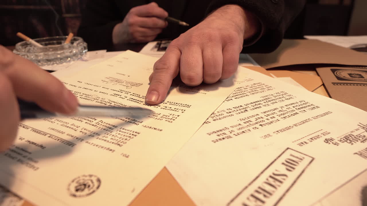 Detectives Checking Documents of Criminal Investigation Case, Top Secret Classified Files on Desk