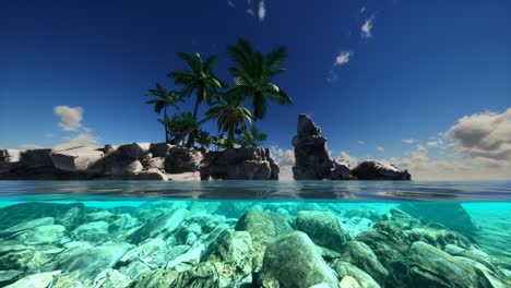vista dividida de la sección transversal de agua de mar y palmeras en la isla