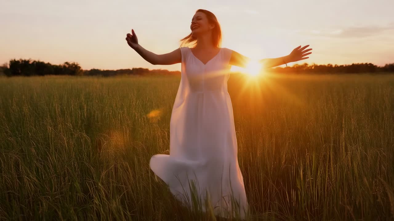 Mujer caminando y girando en la hierba alta y verde al atardecer, con un vestido blanco vaporoso y destello de lente
