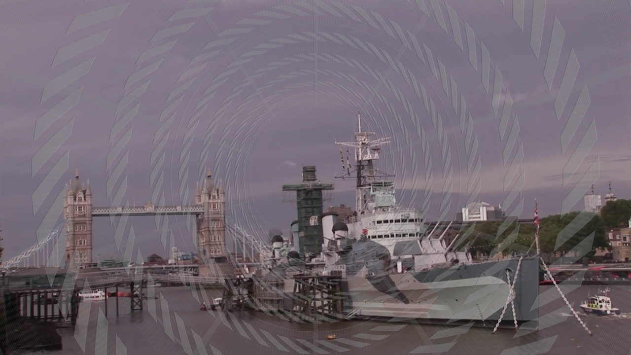 Docked battleship on river with Tower Bridge and animation overlay pattern