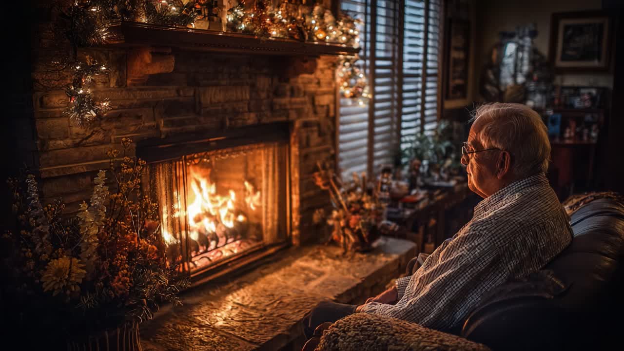 A Reflective Moment: An Elderly Man Comfortably Meditates by the Warm, Glowing Fireplace in a Cozy, Decorated Living Space Filled with Memories