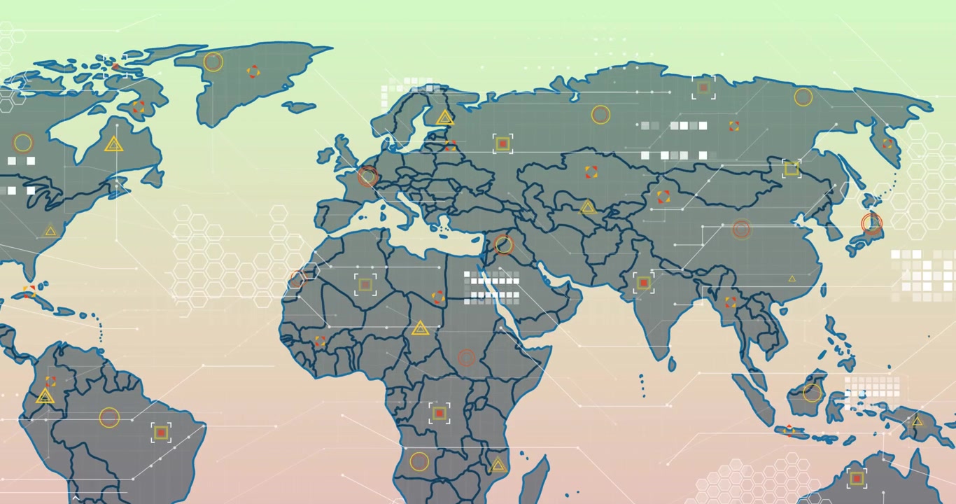Digital World Map Animation with Data Overlay and Global Connectivity